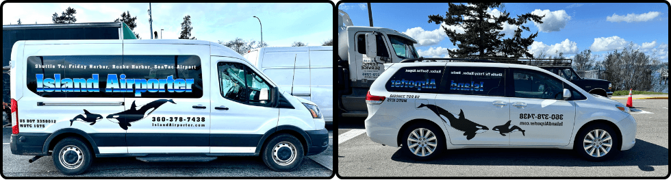 The two Island Airporter shuttles side by side: the full-size shuttle and the smaller one