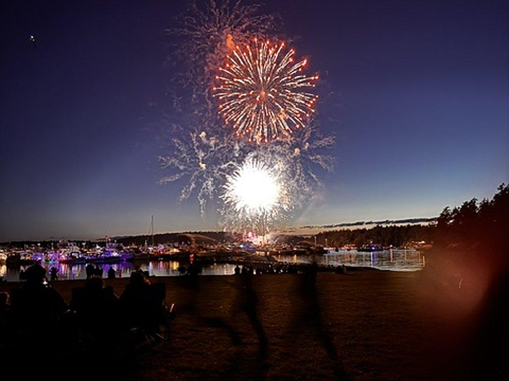 Fireworks over the harbour with boats lit up below